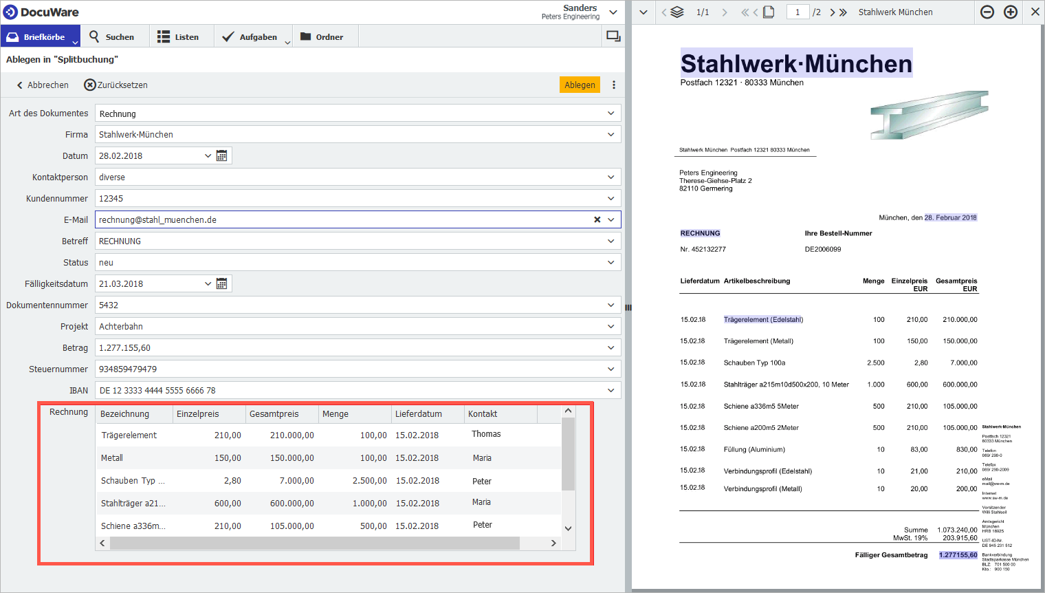 Workflow Manager greift die Steuerung des Rechnungs-Workflows auf die einzelnen Einträge in einer Tabelle zu 